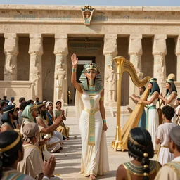 Queen Cleopatra raises her hand to greet the crowds of the Egyptian people in front of her in a great pharaonic ceremony. In the background are sober Pharaonic temples with delicate inscriptions, and in the background the girls playing the golden harp, V-Ray, 8K, HD, fine details octane render