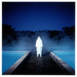 night sky with stars, man in ghosts costume, vintage swimming pools, lush fog, deep blue mood, contemporary archival color photograph print from the original negative, by stanley kubrick