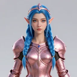 portrait of a regal elf with long braided blue hair wearing a rose gold breastplate and circlet, 3 d render by mandy jurgens, artgerm, and lu ji, centered, artsation contest winner, cgsociety, fantasy art, cryengine, concept art, photorealism, daz 3 d, sketchfab, zbrush, vray