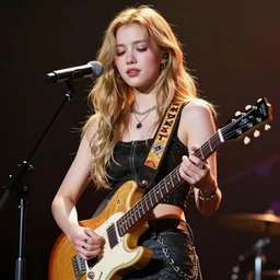 rockstar girl playing electric guitar on stage.