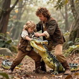 a photograph of bilbo baggings wrestling a crocodile high detailed 4 k