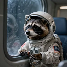 A photo of a raccoon wearing an astronaut helmet, looking out of the window at night