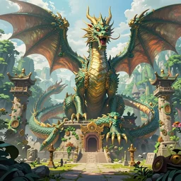 the colossal dragon on the ancient ruins at a magical forest, fantasy. intricate, amazing composition, colorful watercolor, by ruan jia, by maxfield parrish, by marc simonetti, by hikari shimoda, by robert hubert, by zhang kechun, illustration, gloomy