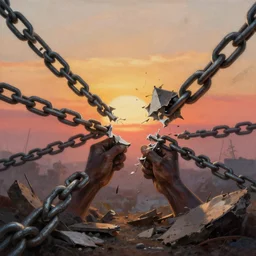 a messy painting of chains breaking, by delphin enjolras, sunrise background, racial justice, freedom, a new dawn, highly detailed, sharp focus, cinematic, trending on artstation