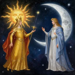 sun king and moon prince in the cosmic court of mystical astronomy, art by james c. christensen and thomas cooper gotch