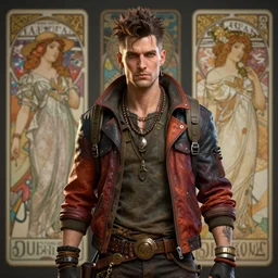 detailed character concept art portrait of a vibrantly dressed diesel punk man on a depth of field background, artstation, award - winning realistic sci - fi concept art by jim burns and greg rutkowski, beksinski, a realism masterpiece, complimentary color palette, james gilleard, bruegel, alphonse mucha, and yoshitaka amano