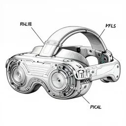 a patent drawing of an intricate detailed vr headset from the future, extremely detailed alien technology vr!!! headset, with arrows and side angels