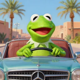 close up photo of a kermit the frog driving a mercedes in marrakech, morocco, palm trees, 8 k, octane render, hyperdetailed, illustration, oil painting