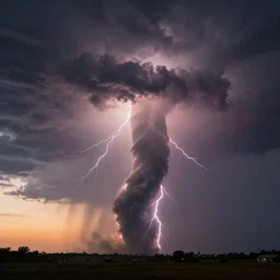 a photograph of a tornado tornado tornado, thunderstorm supercell, lightning bolts, illuminated from various angles by the setting sun, cinematic, dramatic lighting, mystic hue