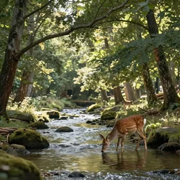 a forest with sunlight shining through the branches of trees, a river flows through with a deer drinking the water, 4k