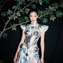 A tilted 35° long shot anaglyph film still of a girl wearing solarpunk dress in porcelain and metal and lush branch featured in Vogue and GQ editorial fashion photography, beautiful eye, symmetry face, haute couture dressed by Givenchy and Salvatore Ferragamo, Canon EF 85mm f/1.4L IS USM