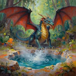 highly detailed oil painting of a western dragon emerging from a colorful woodland hotspring, fantasy, featured on artstation