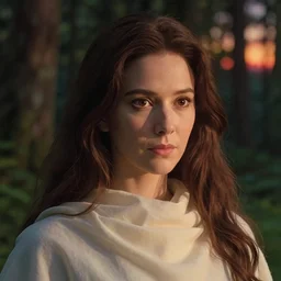 close up portrait of woman, forest background, long brown hair, shallow depth of field, cloth, princess mononoke, 4 k, greg rutkowski, high detail, dramatic lighting, sunset, hayao miyazaki, masashi ando, nizou yamamoto, kazuo oga, joe hisaishi, yoji takeshige, naoya tanaka
