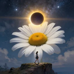 giant white daisy flower head, girl walking on cliff, surreal photography, solar eclipse, milky way, dramatic light, impressionist painting, clouds, digital painting, artstation, simon stalenhag