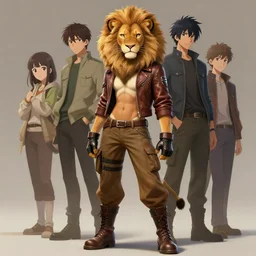 beautiful portrait of a female anthropomorphic lion fursona wearing a open leather jacket. leather gloves. leather boots. cargo pants. character design by charlie bowater, ross tran, artgerm, and makoto shinkai, detailed, soft lighting, rendered in octane