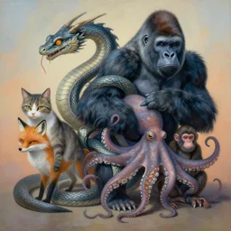 painting of hybrid between cat & dragon & snake & fox & octopus & monkey & gorilla, intercrossed animal, by zdzislaw beksinski, by lewis jones, by mattias adolfsson, cold hue's, warm tone gradient background, concept art, beautiful composition, digital painting