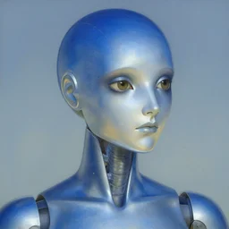 portrait of a smooth spherical android, blue and silver, sleek, inquisitive, art by alphonse mucha