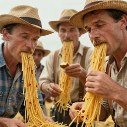harvesting spaghetti during the gold rush, hyper - realistic faces, intricate, sigma 5 0 mm, cinematic lighting, photography, wes anderson, film, kodachrome