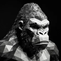 angry gorilla head beautiful stylised low polygon hard edges hard light statue black and white photo