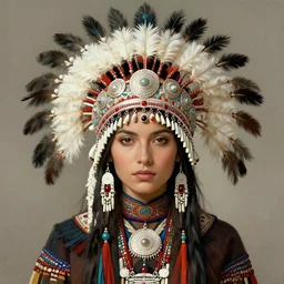 beautiful native american woman wearing an elaborate headdress, intricate, elegant, highly detailed, centered, digital painting, artstation, concept art, smooth, sharp focus, illustration, art by android jones and donato giancola and alphonse mucha