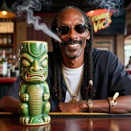 a closeup photorealistic photograph of happy blunt smoking snoop dogg at trader vic's bar sitting next to a trader vic's shaped tiki mug featuring snoop dogg's face. tiki culture. bright scene. 4 k hd image that's trending on artstation, featured on behance, well rendered, extra crisp, features epic composition and the style of unreal engine.