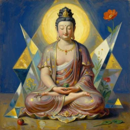 hyperrealistic still life painting of a boddhisatva goddess deity meditating and gently smiling, surrounded by prisms in a tesseract, morning light, by caravaggio, botanical print, surrealism, vivid colors, golden ratio, negative space, minimalist composition, in style of jugendstil, and maxfield parrish, maurice sendak, by moebius, by james turell,