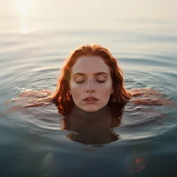A full head portrait photography of a redhead woman floating in water and her face is horizontally semi submerge. Long hair. Sunset. Warm light. Lens flares. Off-center composition. Closed eyes. Fuji C200 film. Detailed. Cinematic. High quality.