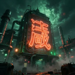 a huge and ominous low angle photography of an industrial cyberpunk factory at cloudy night with green and orange and red light and pipes and cables with a big chinese character neon sign with fog blade runner artstation photorealistic concept, lens orbs, global illumination, ominous, volumetric lighting, granular detail, hyperrealist, ground mist swirling vortexes, granular detail, hypermaximalist, micro details, 3 d, blender, vray