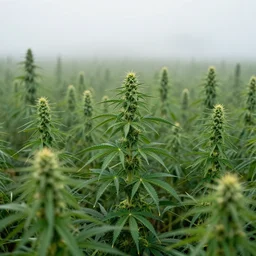 a field of cannabis, foggy, photography
