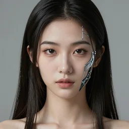 a portrait of an lonely asian goddess, elegant, focus,  long haircut, detailed, realistic eyes, horizontal partial symmetry features proportions, intricate facial details, cybertech wear, award winning, trending in cgsociety artstation deviant art