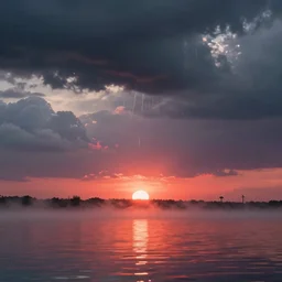 hd photo of the eastern horizon was strung with rain clouds and the sun should have risen out of the water like a mist shrouded egg yolk, but it didn't. Its red light mushroomed along the horizon, then rose into the sky as a cross pascal blanche dramatic lighting wide angle 35mm shallow depth of field 8k