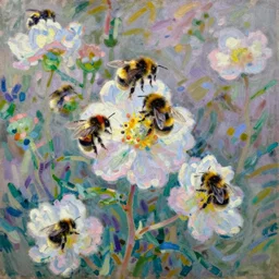 Bumblebees on Flowers, Claude Monet (French, Paris 1840-1926 Giverny), Oil on canvas, detailed brushstrokes