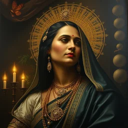 highly detailed potrait of 8 0's rich srilankan woman as monalisa baroque style, painting by james jean, craig mullins, j. c. leyendecker, lights, art by ernst haeckel,