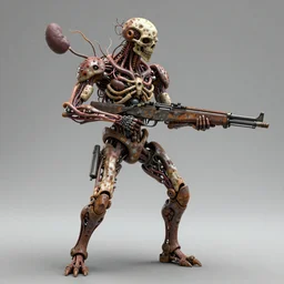 Techno-biological rusty rifle consisting of tumors, veins, bones, kidneys, wires. Biopunk, body-horror, high detail, photorealism, full length view, very rust, concept art, octane render, 16k, 8k