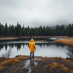 super epic realistic nature photo trending on instagram with lonely person in yellow raincoat standing at a distance