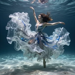 large swirling silver translucent shapes in the foreground of jennifer connelly dancing underwater wearing a very long flowing dress made of many translucent layers of silver and blue lace seaweed, caustics lighting from above shines on the sandy bottom, octane render, cinematic, hyperdetailed