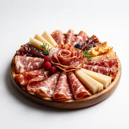 ornate charcuterie board, photorealistic, isolated on a pure white background, centered, entire object in frame, sharp focus, soft studio lighting