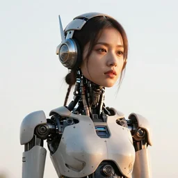 beautiful Fine art photography of a solarpunk part robot part human girl with real human face, white background, highly detailed, medium shot, photorealism, sunset lighting 8k