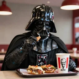A still of Darth Vader eating at KFC, 4k, photograph, ultra realistic, highly detailed, professional lighting