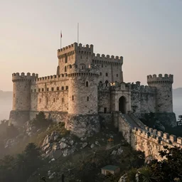 a highly detailed photo of an ancient greek castle surrounded by a mist shot during twilight on 3 0 mm film painted by alena aenami, rendered in unreal engine
