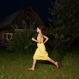 “a woman runs sideways to the center of the frame in a yellow sundress at night, full height, in the background a slavic barn and bushes with trees”
