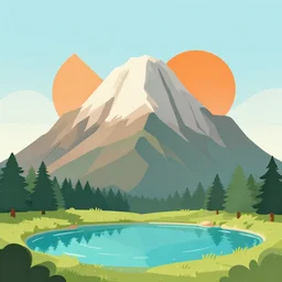 illustration of a big and beautiful mountain with a clear pond in front of it and an orange sun behind the mountain, vector art