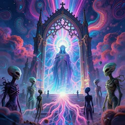 [ palate ] [ electric neon colors ] alien soul spirits congregating in front of an intricate giant gothic gateway, god figure waiting behind the gate, vibrant neon nebulous clouds, paisley pattern clouds, hyper realistic illustration, radiant synapse light rays, photorealistic illustration, intricate and fine details, volumetric lighting, artstation