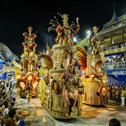 Brazil Carnival, floats carnival, party, cinematic lighting, dramatic atmosphere, by Dustin Nguyen, Akihiko Yoshida, Greg Tocchini, Greg Rutkowski, Cliff Chiang, 4k resolution, trending on artstation