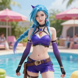 a highly detailed and realistic photo of the evelynn cosplay on a pool party, beautiful body and face, artstation, 4 k, correctly anatomy, good light
