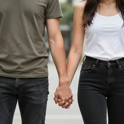street photography young adult couple holding hands. Skinny tall Latino short dark brown hair male, thick short Filipino long hair female. Colorful sunny day Nikon p500