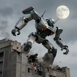 a photo of an enormous robot crashing a building, the sky is cloudy. the moon is full. by ivan shishkin and simon stalenhag