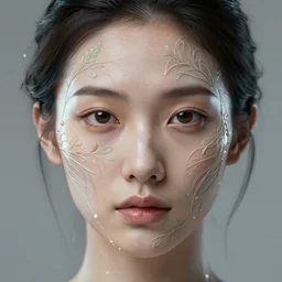 intricate highly detailed face portrait of asian - european woman, light water vines on her face, intricate, cgsociety, unreal engine, octane render, sharp focus, smooth, volumetric lighting, cinematic composition, artstation