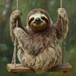 close up of a sloth sitting on a swing, detailed painting, epic lighting, by ilya repin, phil hale and kent williams