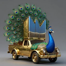 peacock - shaped steampunk peacock - shaped pickup truck with a tall brass baroque pipe organ on the back with blue, very tall brass organ pipes, organ pipes splayed in the back, green and purple, brass peacock, pipeorgan, hyper realism, detailed digital painting